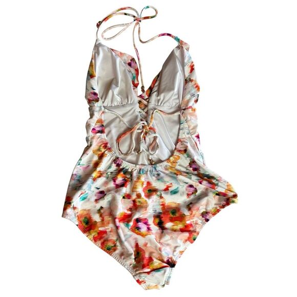 Shoshanna Deep V Halter One Piece Lace Up Swimsuit Bathing Suit Size 6 $230 - Picture 4 of 12